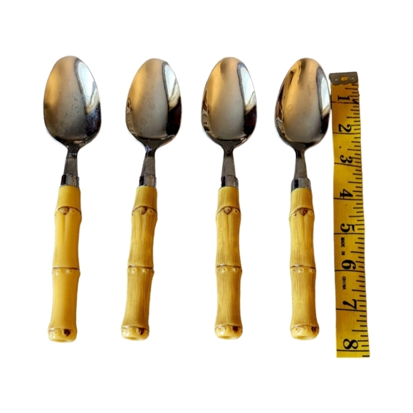 Vintage Bamboo Handled Spoons Set of 7 Stainless Steele - Picture 2 of 3